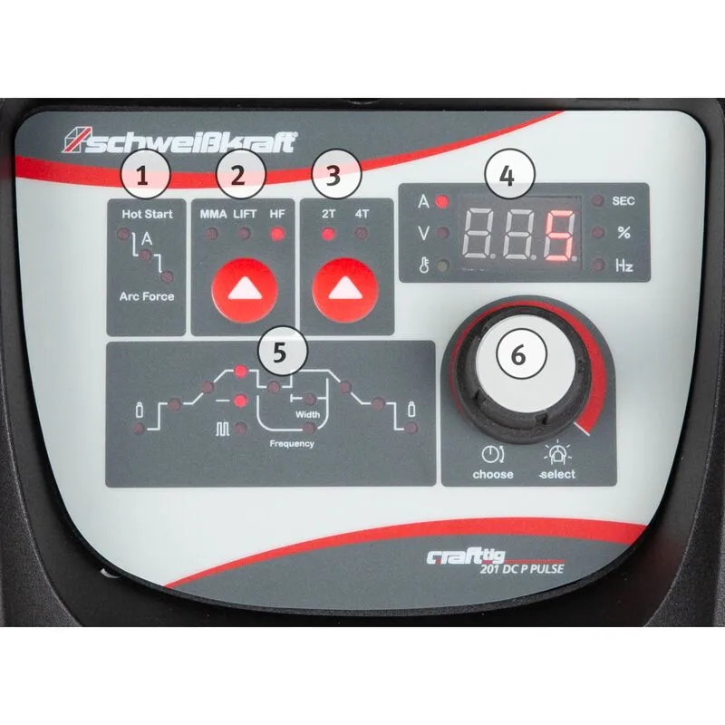 Schweisskraft 201 DC P Pulse - Ustawianie elektrody Przycisk wyboru MMA/LIFT/HF TIG Przycisk wyboru trybu TIG 2T/4T Wyświetlacz cyfrowy/Wyświetlacz wielofunkcyjny Ustawianie parametrów TIG Przycisk wyboru i ustawiania parametrów