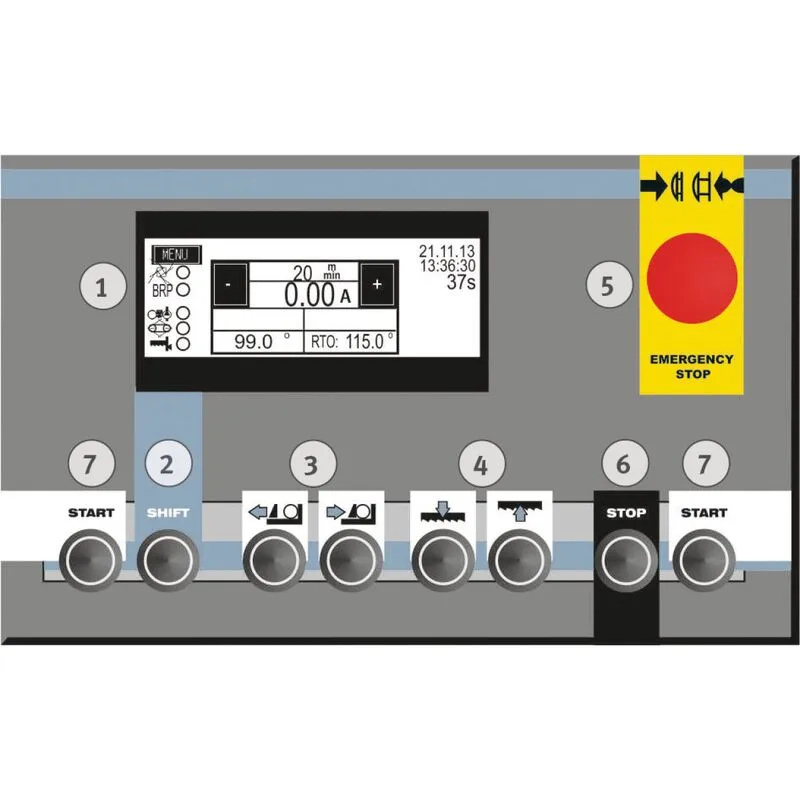 Metallkraft BMBS 230 x 280 HA-DG - Large digital display with functions such as: MENU button to control the various menu items displayed on the screen Workpiece -/ cut counter BRP display Display of the status of the hydraulic system display about the tension of the saw blade display of the position of the saw arm (optional) Display of the saw band speed Button to start the saw machining cycle. The saw arm must be in the upper end position for this. vice control - if the vice is still open before the cycle starts, the control automatically closes it after the cycle starts and opens it after the cycle is finished. control of the up and down movement of the saw arm emergency stop switch - switches the machine off during a cycle interrupts the cut in any position - after pressing the buttonIf the start button is pressed, the cycle is continued To start the cut in semi-automatic mode - for safety reasons, both start buttons must be pressed simultaneously