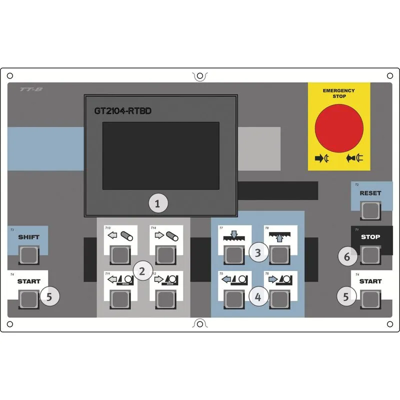 Metallkraft BMBS 300 x 320 CNC-G - Duży wyświetlacz pokazujący wartości wybrane do wyświetlania informacji oraz jako panel sterowania naprężenie materiału regulacja wysokości ramy piły ruch dociskacza transportowego Rozpoczęcie cięcia w trybie półautomatycznym - ze względów bezpieczeństwa oba przyciski startowe muszą być wciśnięte jednocześnie Przerwanie cięcia w dowolnej pozycji - po wciśnięciu przycisków startowych cykl jest kontynuowany