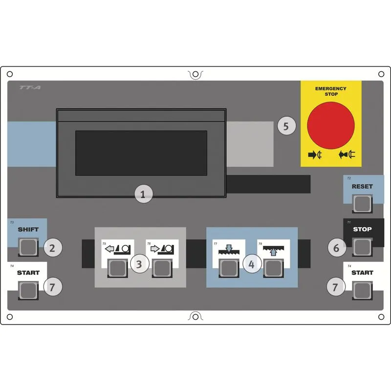 Metallkraft BMBS 360 x 500 HA-DG - Panel sterowania maszyn półautomatycznych HA Duży wyświetlacz cyfrowy z funkcjami takimi jak: Przycisk MENU do sterowania różnymi pozycjami menu wyświetlanymi na ekranie Licznik obrabianego elementu -/ cięcia Wyświetlacz BRP Wyświetlanie stanu układu hydraulicznego Wyświetlanie o napięciu piły Wyświetlanie pozycji ramienia piły (opcja) Wyświetlanie prędkości taśmy piły Przycisk do rozpoczęcia cyklu obróbki piłą. W tym celu ramię piły musi znajdować się w górnej pozycji końcowej. sterowanie imadłem - jeżeli imadło jest otwarte przed rozpoczęciem cyklu, sterowanie automatycznie zamyka je po rozpoczęciu cyklu i otwiera po jego zakończeniu. sterowanie ruchem ramienia piły w górę i w dół wyłącznik awaryjny - wyłącza maszynę podczas cyklu przerywa cięcie w dowolnej pozycji - po naciśnięciu przycisku. Jeśli przycisk start jest wciśnięty, cykl jest kontynuowany aby rozpocząć cięcie w trybie półautomatycznym - ze względów bezpieczeństwa oba przyciski start muszą być wciśnięte jednocześnie