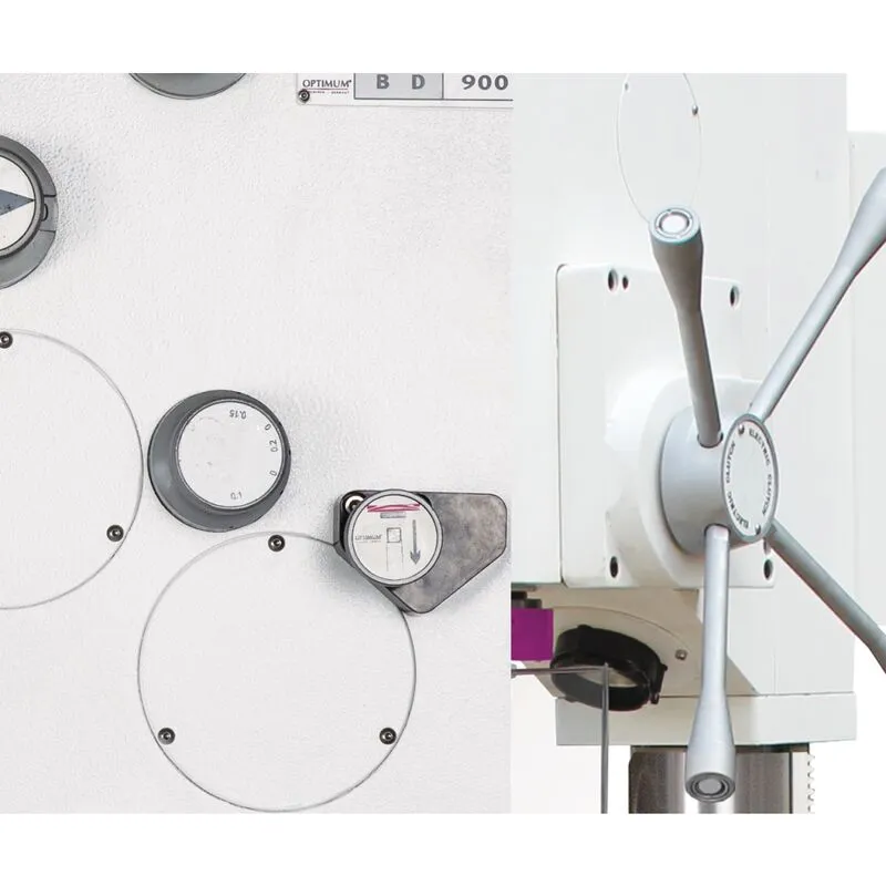Optimum DH 32GSV - Uruchamianie przyciskiem w dźwigni pinoli. Posuw odbywa się za pomocą sprzęgła elektromagnetycznego. Wyłączenie następuje przez ogranicznik głębokości wiercenia lub przez ponowne naciśnięcie przycisku w dźwigni tulei wrzeciona